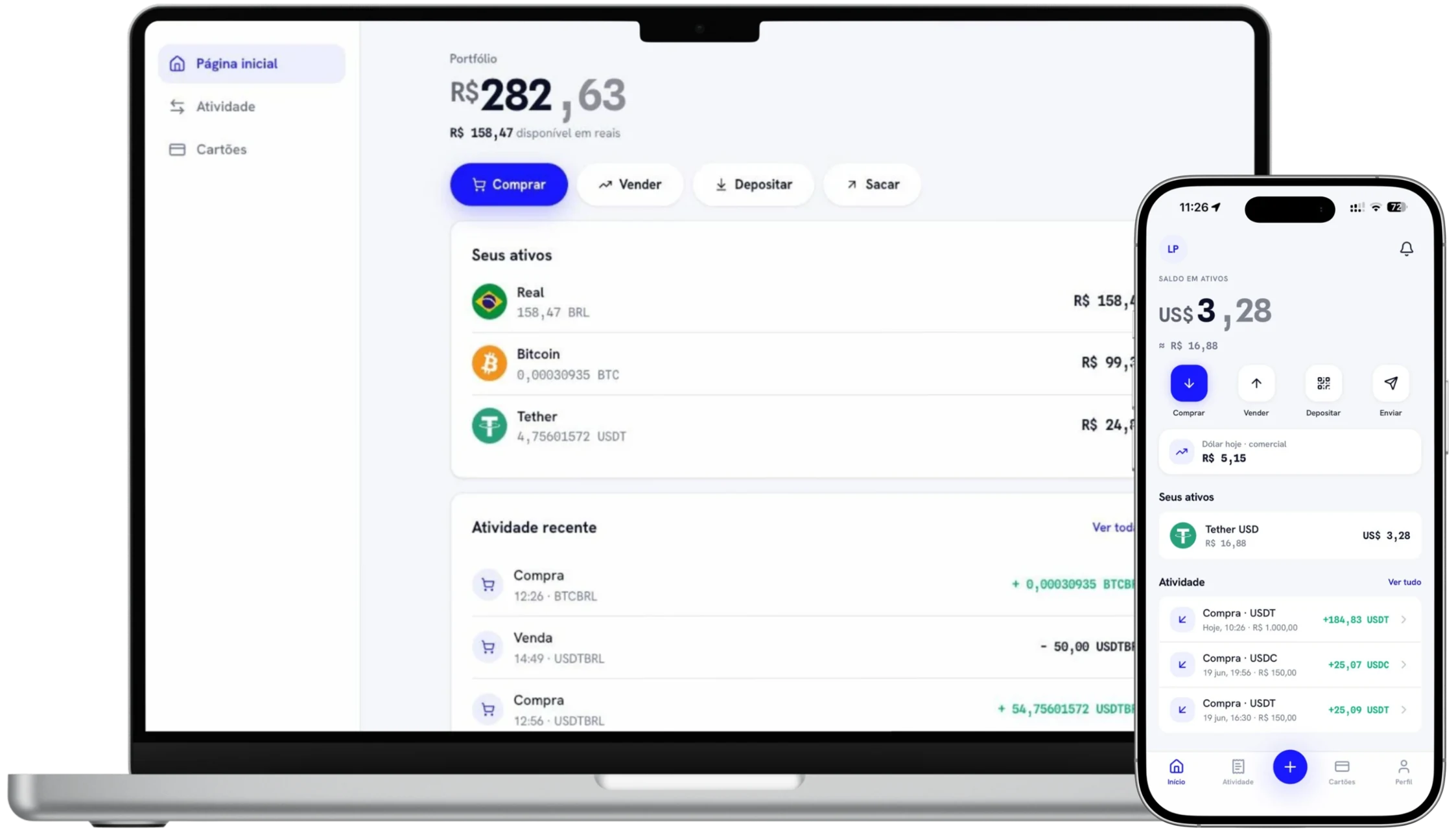 Conta de cripto Lexxen no painel web e no app